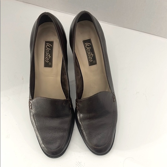 Westies Women's Brown Leather Loafers Chunky 3 Inch Heels Slip On - Picture 3 of 11